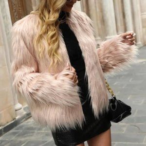 Pink glamorous luxurious vegan fur coat